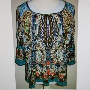 Womens 3/4 Sleeve Top by Bila Size. L (Like an XL) Teal Paisley-scroll. NWT.